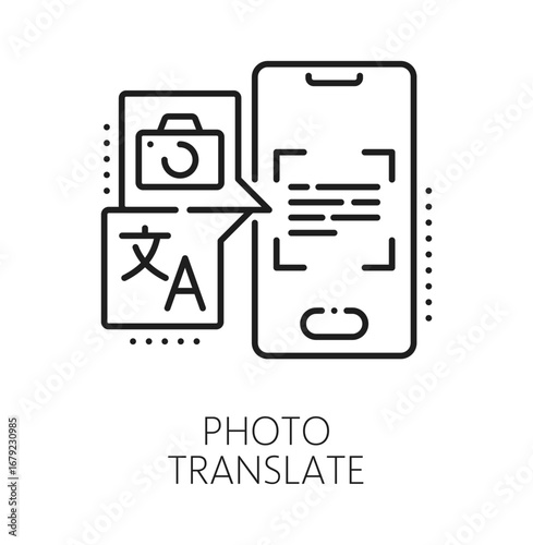 English language photo translation line icon or sign. Foreign speech vocabulary vector symbol, English language translate sign. Language translation icon with text app interface on smartphone screen