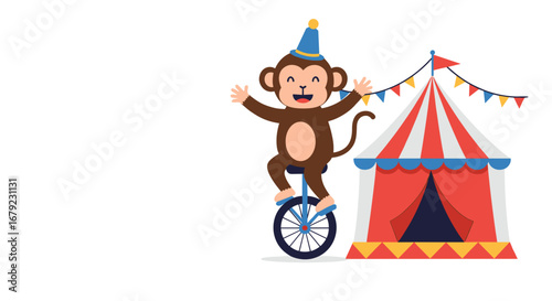 Cartoon monkey balancing on unicycle in front of circus tent  
