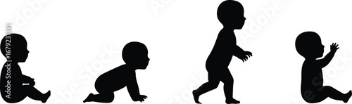 Baby silhouette, infant crawling, toddler walking, child sitting, newborn vector, baby growth stages, black silhouette, cartoon baby, child development, baby poses