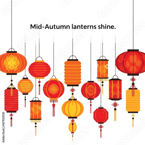 A vibrant collection of traditional red and yellow Mid-Autumn Festival lanterns hanging against a white background, illuminating the festive spirit.