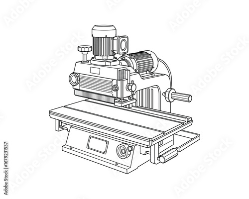 Industrial Milling Machine Black and White Line Art Vector Illustration. Metalworking Equipment Design.