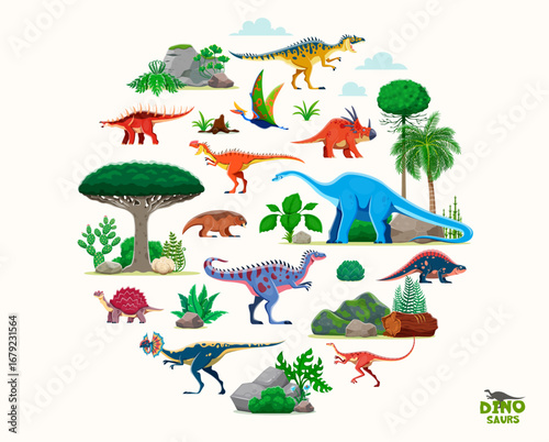 Prehistoric dinosaurs and reptiles cute characters. Neovenator, kentrosaurus, styracosaurus and quetzalcoatlus, monolophosaurus, lystrosaurus dinosaurs isolated vector funny personages, jungle trees