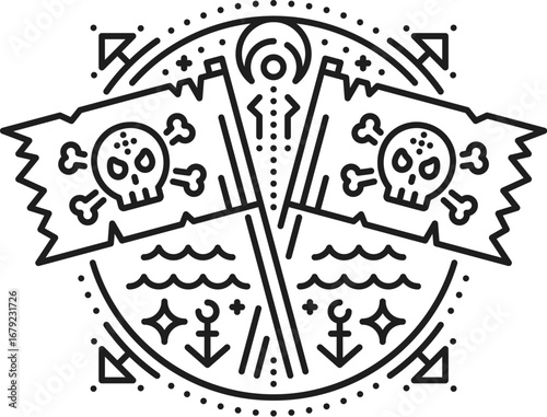 Pirate crossed flags esoteric line symbol. Pirate marine esoteric outline vector print, corsair magic thin line tattoo. Buccaneer nautical sign, sacred linear symbol with Jolly Roger skull flags
