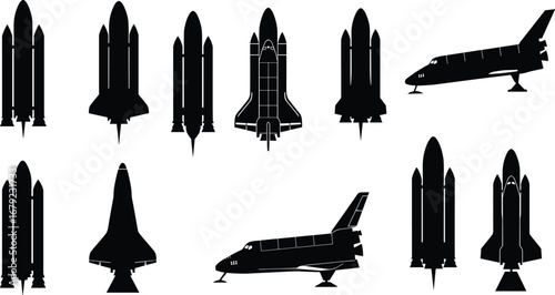 Space shuttle silhouettes, rocket ships, space exploration, spacecraft design, NASA shuttle, rocket launch, aerospace technology, space mission, astronaut vehicle, space travel icons
