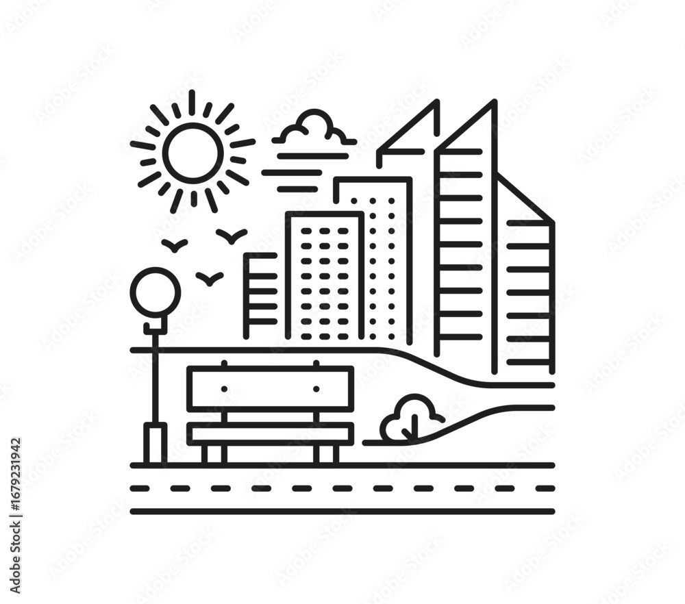 Naklejka premium City park landscape thin line icon or emblem. Cityscape scene lineart vector sign, outdoor view symbol. Metropolis environment landscape icon with city park bench, bike line, skyscrapers buildings