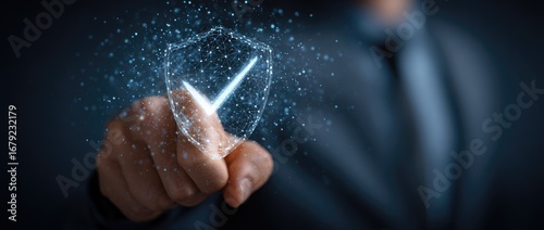 Businessman touching a glowing shield icon with a checkmark for cybersecurity and data protection concept.