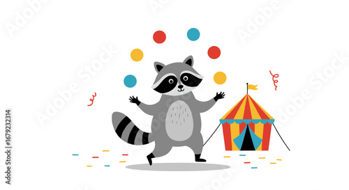 Raccoon juggling colorful balls in front of circus tent  