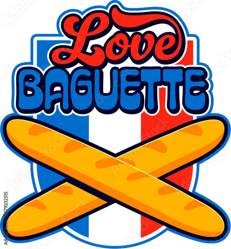 France baguette vintage Y2K sticker or label. France culture 60s 70s vector sticker, European nation flag colors Y2K label. Coat of Arms with two crossed baguettes breads French travel souvenir patch