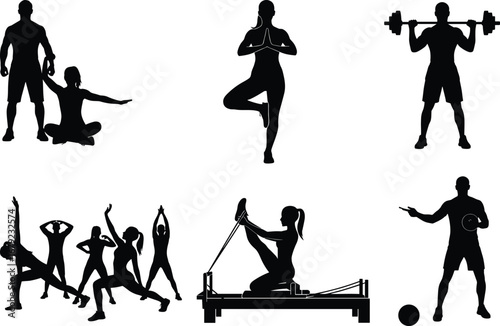 PrintGym fitness vector illustration, workout trainer, yoga pose, stretching exercise, strength training, pilates reformer, group fitness, healthy lifestyle silhouette concept