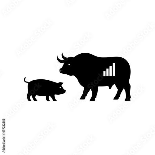 Stock market pig versus bull icon fight with modern graphic vector illustration concept
