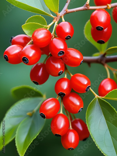 fresh Red barberry berries on branch, Berberis vulgaris, Goji berry source of Berberine extract