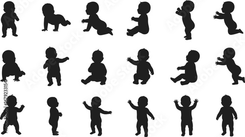 Baby silhouette, toddler poses, infant crawling, child sitting, newborn vector, standing baby, cartoon infant, black silhouette, child clipart, baby collection set