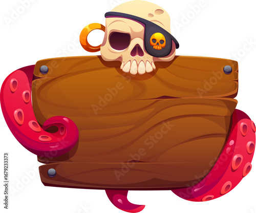 Cartoon Caribbean pirate and corsair game icon and heraldry wooden sign with a skull wearing an eyepatch and gold earring, surrounded by pink octopus tentacles. Vector ui banner for game adventure