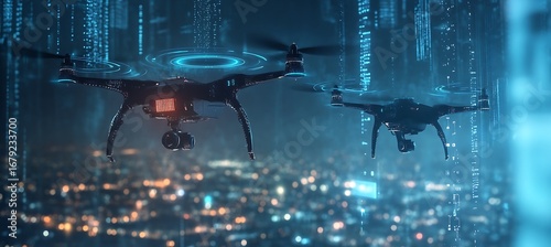 AI Surveillance Drones Scanning and Uploading Real-Time Data to Cloud Nodes for Security and Monitoring