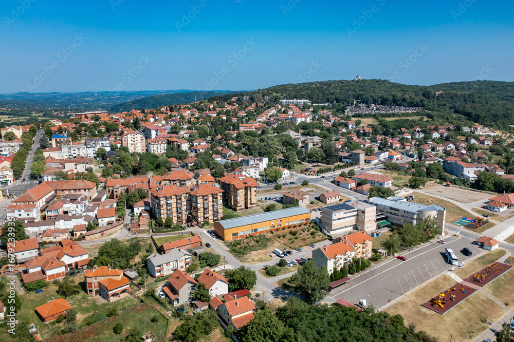 Obraz premium Topola, Sumadija, Central Serbia. Aerial drone view Panorama of city