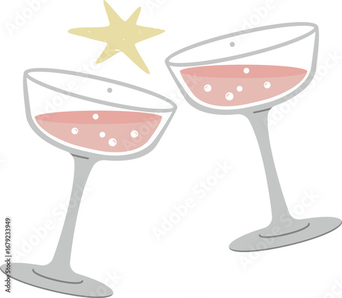 Champagne or Prosecco Coupe Glasses Clinking Retro Glassware Vector Illustration Isolate