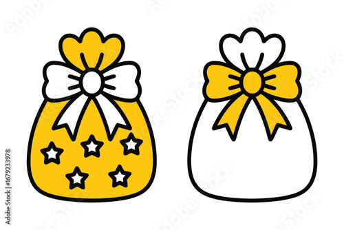 Simple vector icon set featuring cute gift bags in various styles, perfect for celebrations, shopping, and gifting, designed in a clean, minimalist, and colorful illustration style.