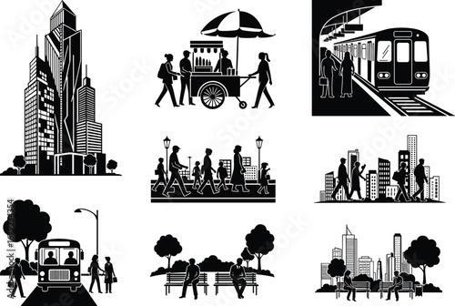 PrintUrban city life scenes with public transport, park activity, street vendors, pedestrians, business district, and modern architecture illustration set