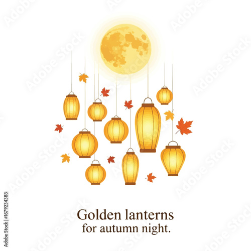 Golden paper lanterns and autumn leaves hanging under a bright full moon for a mid-autumn festival celebration.