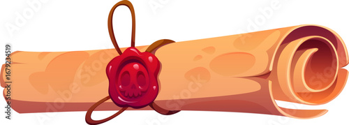 Cartoon rolled parchment scroll tied with a string and sealed with a red wax skull stamp. Isolated vector treasure map icon, old rugged paper for fantasy pirate games or vintage storytelling book