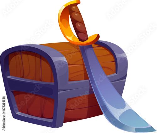 Cartoon wooden pirate treasure chest with metallic frame and curved pirate sword resting on top. Isolated vector loot trunk evokes themes of hidden riches, adventure, and nautical swashbuckling lore