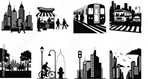 PrintUrban city scenes with transport, park, street vendor, pedestrians, skyline, cyclist, traffic light, subway, and modern architecture illustration set