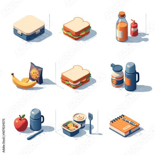  A set of isometric digital paintings featuring picnic essentials like a sandwich and thermos, alongside unique items like a fire extinguisher, all in a soft, painterly style.