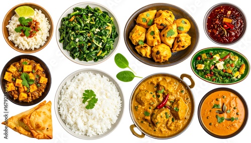 Assorted Indian dishes arranged on white background