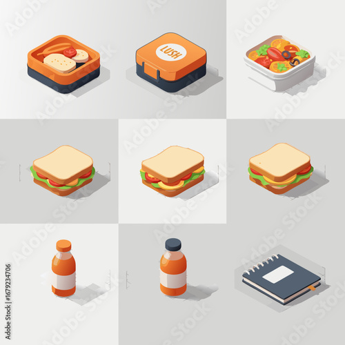 A versatile set of isometric icons for meal prep, featuring multiple sandwich styles, bento boxes with healthy snacks, juice, and a notebook. Ideal for food blogs and apps.