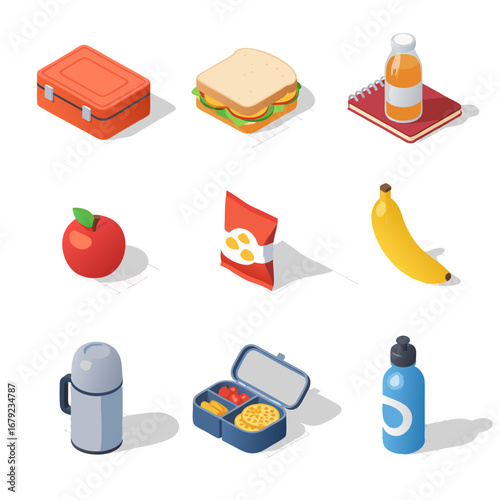  A collection of 3D isometric vector icons for a healthy lunch, including a sandwich, apple, banana, thermos, and lunch box. Perfect for nutrition apps, websites, or infographics.