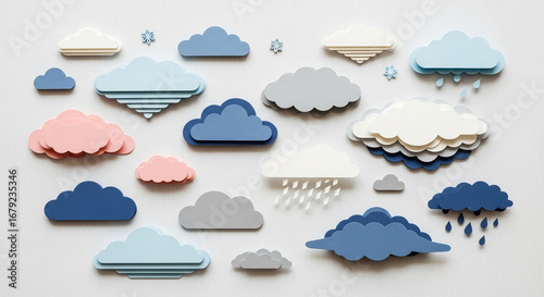 Artistic arrangement of various cloud-shaped cutouts in different colors, creating a whimsical scene.
