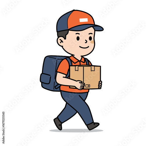 Cartoon delivery person carrying a package, walking towards the viewer.