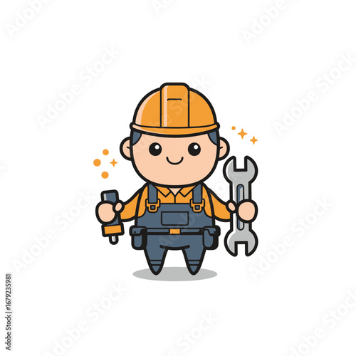 A cheerful cartoon construction worker holding tools, ready for repairs and maintenance.