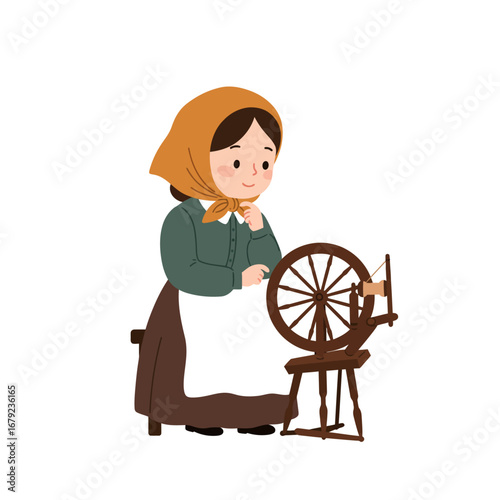 A cartoon woman in historical clothing operating a spinning wheel.