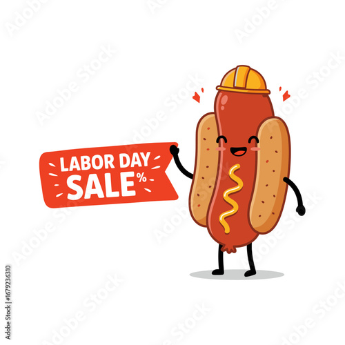 Happy hot dog construction worker announces Labor Day sale.