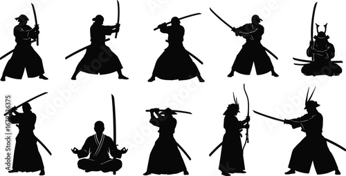 Silhouettes of samurai warriors in various fighting poses, traditional Japanese swords, meditation, katana, ancient martial arts, warrior culture, samurai helmet