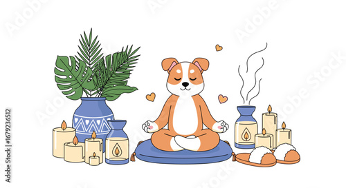 Cute dog meditating calmly surrounded by candles and plants for inner peace