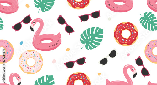 Summertime fun with pink flamingos tropical leaves and donuts pattern