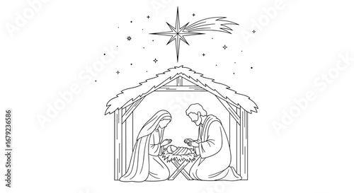 A beautiful nativity scene illustration featuring baby jesus mary joseph and a guiding star