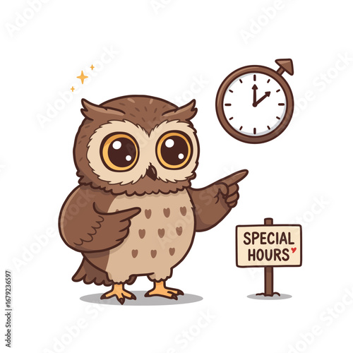 A cute cartoon owl character pointing to a clock and a sign announcing special business hours.