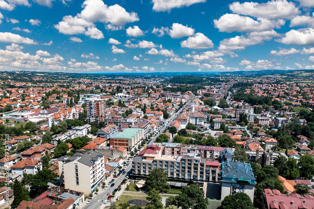 Fototapeta premium Arandjelovac, Sumadija, Central Serbia. Aerial drone view Panorama of city