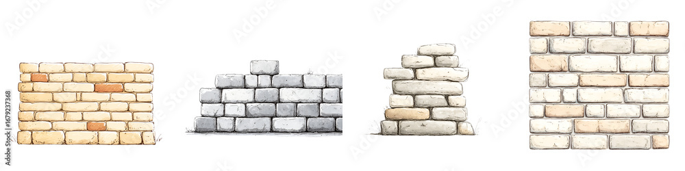 Fototapeta premium Watercolor Brick Wall Textures: Isolated Masonry Elements