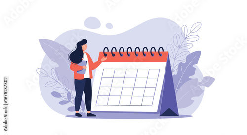 Business meeting planning schedule organizer person standing near calendar illustration