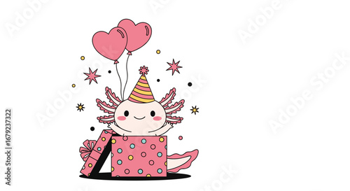 Cute axolotl character wearing a party hat emerging from a gift box with balloons and confetti