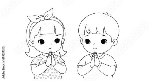 Two adorable cartoon children with hands clasped in prayer or greeting
