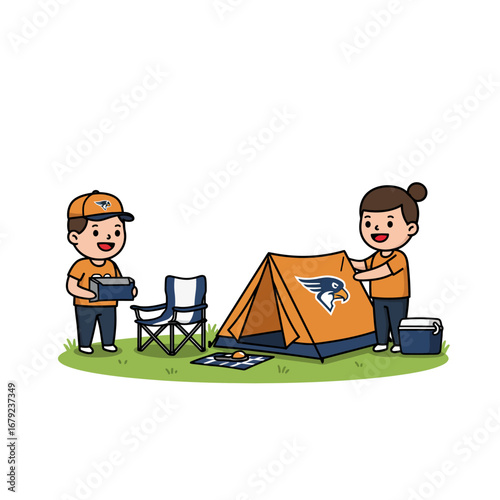 Happy children setting up a campsite with an eagle logo tent.