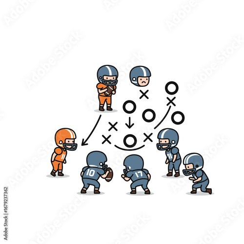 Cute cartoon American football players line up for a play with a strategic Xs and Os diagram drawn on the field.