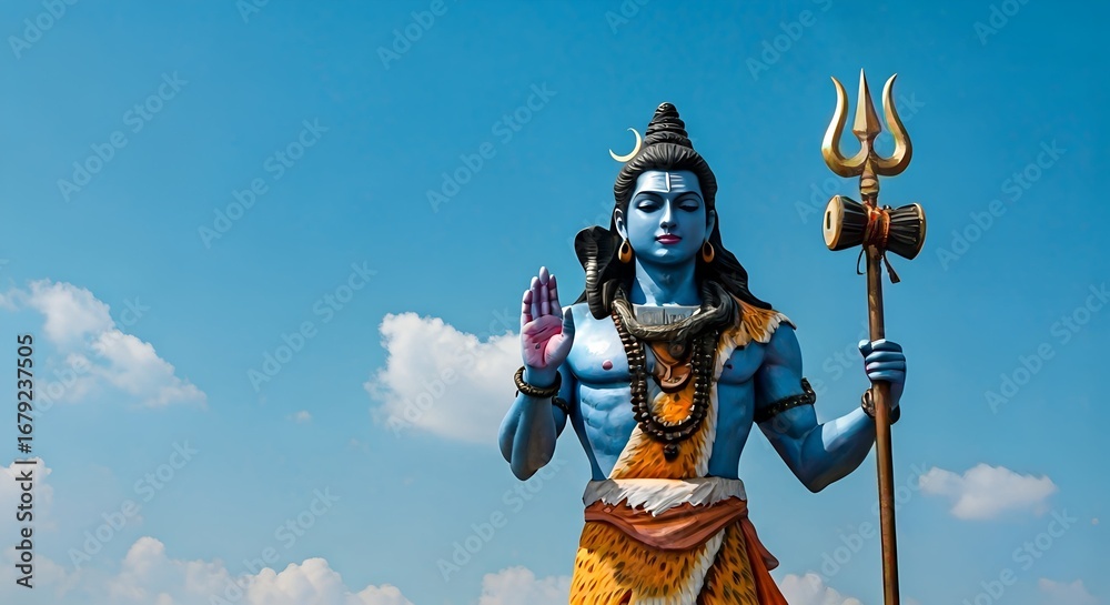 Obraz premium Majestic Blue Hindu God Statue with Trident Under Clear Sky
