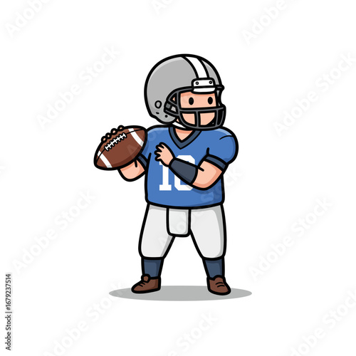 An adorable cartoon American football player in a blue jersey with number 10, wearing a helmet and holding a brown football.