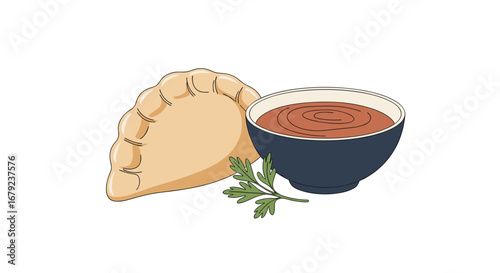 Golden delicious empanada served with spicy tomato dipping sauce and fresh parsley garnish